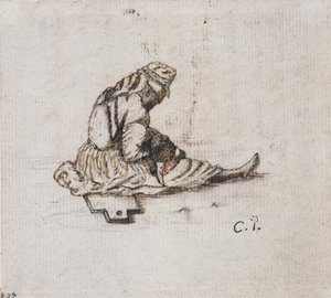 Studie av en sittende kvinnefigur som syr, 1852. av Camille Pissarro