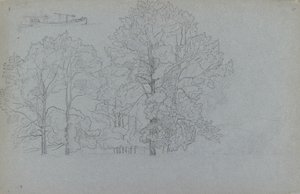 Studie av trær, med en liten studie av en lekter, 1859 av Camille Pissarro