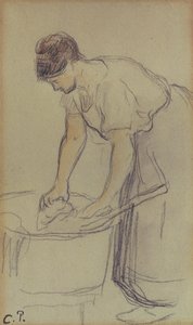 Kvinne vasker klesvask (akvarell og blyant på papir) av Camille Pissarro