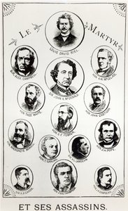 Louis Riel (1844-85) og leiemorderne hans, illustrasjon fra Le Gibet de Regina, publisert 1886