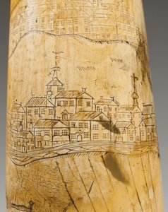 Pulverhorn, gravert med et kart over St. Lawrence River i området Quebec, ca. 1759