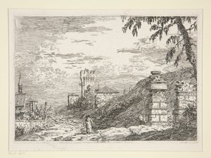 Landskap med tårn og to ødelagte søyler, fra serien Vedute (Views) av Canaletto (Giovanni Antonio Canal)