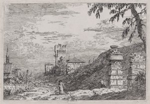 Landskap med tårn og to ødelagte søyler, fra serien Vedute (Views) av Canaletto (Giovanni Antonio Canal)