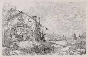 Landskap med en kvinne ved en brønn, fra serien Vedute (Views) av Canaletto (Giovanni Antonio Canal)