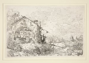 Landskap med en kvinne ved en brønn, fra serien Vedute (Views) av Canaletto (Giovanni Antonio Canal)