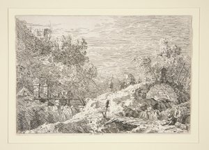 Fjelllandskap med fem broer, fra serien Vedute (Views) av Canaletto (Giovanni Antonio Canal)