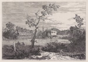 Utsikt over en by på en elvebredd, fra serien Vedute (Views) av Canaletto (Giovanni Antonio Canal)