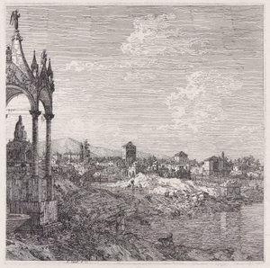 Utsikt over en by med en biskop av Canaletto (Giovanni Antonio Canal)