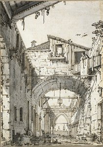 Capriccio: A Street Crossed by Arches (recto) Skisser av døråpning, trapp og bygningens andre etasje(verso) av Canaletto