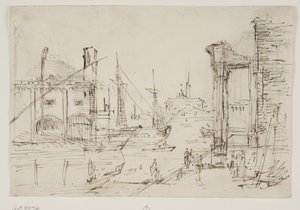 Capriccio med klassiske ruiner på en kai, et naust, to bysser, to master på et seilskute bak seg, en kuppelkirke i bakgrunnen av Canaletto