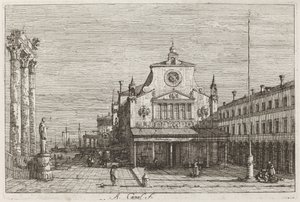 Imaginær utsikt over S. Giacomo di Rialto [øverst til høyre] av Canaletto