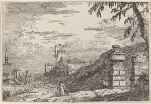 Landskap med tårn og to ødelagte søyler, ca. 17351746. av Canaletto