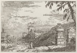 Landskap med tårn og to ødelagte søyler [til venstre], ca. 17351746. av Canaletto