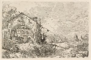 Landskap med en kvinne ved en brønn, ca. 1740. av Canaletto