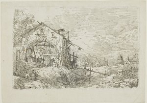 Landskap med en kvinne ved en brønn, fra Vedute av Canaletto