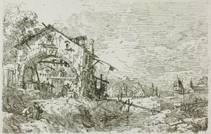 Landskap med en kvinne ved en brønn, fra Vedute av Canaletto