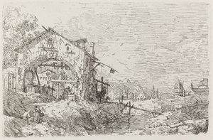 Landskap med en kvinne ved en brønn [nederst til venstre] av Canaletto