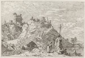 Landskap med pilegrimen ved bønnen [øverst til venstre] av Canaletto