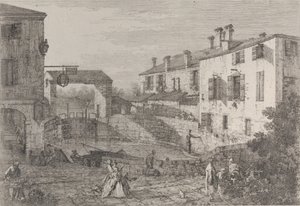 Le porte del Dolo: det ovale bassenget til slusene ved Dolo, med en lekter fortøyd til kaien..., 1735-46. av Canaletto
