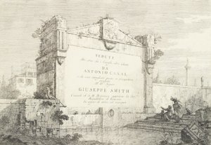 Tittelside med en stor vegg av en klassisk ruin, med en figur som sitter til høyre i..., 1735-46. av Canaletto