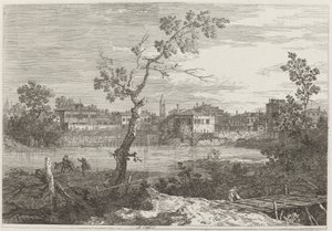 Utsikt over en by på en elvebredd, ca. 17351746. av Canaletto