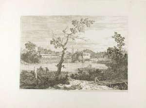 Utsikt over en by ved en elvebredd, fra Vedute av Canaletto