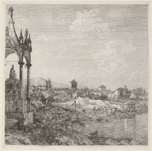 Utsikt over en by med en biskops grav av Canaletto