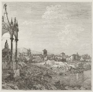 Utsikt over en by med en biskops grav, ca. 17351746. av Canaletto
