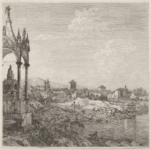 Utsikt over en by med en biskops grav, ca. 17351746. av Canaletto