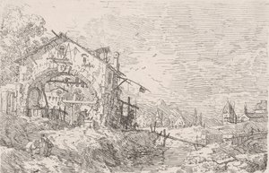 Kvinne henter vann fra en brønn under en arkade til venstre, med et landskap til høyre, 1..., 1717-68. av Canaletto