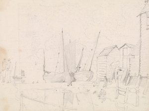 Skisse av strandede seilbåter og stilthytter, Hastings av Capt. Thomas Hastings