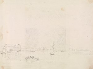 Skisse av båter og en stor bygning, fra over Medina-elven av Capt. Thomas Hastings