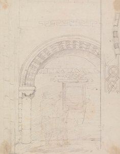 Skisse av figurer som står under en steinbue av Capt. Thomas Hastings