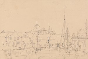 Skisse av seilbåter fortøyd ved siden av en landsby av Capt. Thomas Hastings