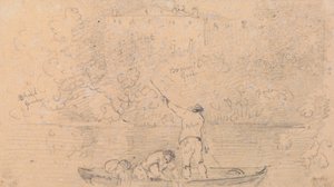 Skisse av to menn i en båt og et hus på kysten av Capt. Thomas Hastings