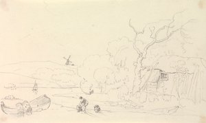 Skisse av en hytte ved elven med en vindmølle i det fjerne av Capt. Thomas Hastings