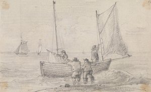 Skisse av en gruppe som forbereder seilene nær kysten, Hastings av Capt. Thomas Hastings