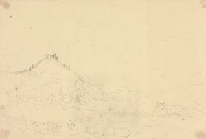 Skisse av et bakketoppslott med hus under av Capt. Thomas Hastings