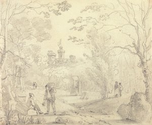 Skisse av en parkscene med East Cowes Castle i det fjerne, Isle of Wight