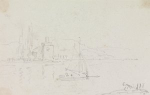 Skisse av en seilbåt og en bygning på kysten av Capt. Thomas Hastings