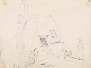 Skisse av en kvinne nær en hytte av Capt. Thomas Hastings