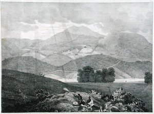 Utsikt over en del av innsjøen og hyttene ved Ottacamund, Neelgherry Mountains, plate 3 fra View of the Neilgherries, eller Blue Mountains of Coimbetoor, Sør-India av Captain McCurdy, publisert 1830 (li av Captain E. A. after McCurdy