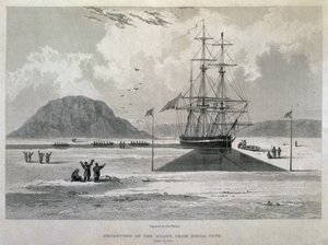 Avgang av båtene fra Hecla Cove, 21. juni 1827, fra Journal of a Third Voyage for the Discovery of a North West Passage fra Atlanterhavet til Stillehavet utført i årene 1824-25 i H.M.s av Captain George Francis Lyon
