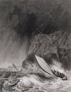 Båtene utenfor Walden Island i en snøstorm, 12. august 1827, fra Journal of a Third Voyage for the Discovery of a North West Passage from the Atlantic to the Pacific utført i årene 1824-25