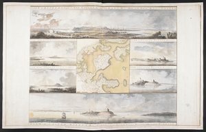 Utsikt over hovedstaden i New England og Castle of William and Mary i havnen i Boston av Captain William Pierie