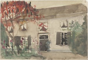 Hus med forgård og rødt tre av Carel Adolph Lion Cachet