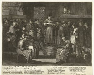 Tegneserie av de engelske kvekerne, ca. 1656 Quaaker Meeting / Fronti Nulla Fides / The Quakers Meeting (tittel på objekt)