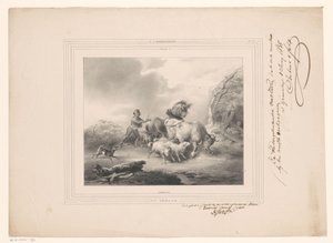 Bonde med dyrene sine på flukt fra en orkan The Hurricane (tittel på objekt) av Carel Christiaan Antony Last