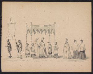 Masquerade of the Utrecht Students, 1846 (Plate 10) Skildring av den kostymede prosesjonen, som viser prosesjonen til Filip II, Prins av Spania, i Utrecht, 3. oktober 1549, holdt 17. juni 1846, av H.H. Studenter ved Utrechtsche av Carel Christiaan Antony Last