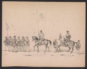 Masquerade of the Utrecht Students, 1846 (Plate 2) Skildring av den kostymede prosesjonen, som viser prosesjonen til Filip II, Prins av Spania, i Utrecht, 3. oktober 1549, holdt 17. juni 1846, av H.H. Studenter ved Utrechtsche av Carel Christiaan Antony Last